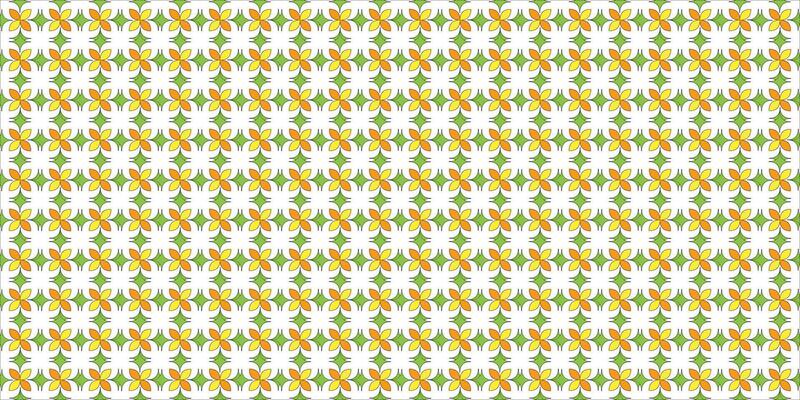 Seamless Geometric Flower Pattern with Orange and Green Colors in Symmetrical Design. Perfect for textiles, wallpapers, and backgrounds due to its cheerful and intricate appearance.