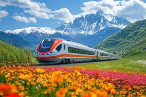 Scenic view of a fast train traveling through a vibrant landscape of flowers with majestic mountains photo