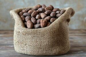 Burlap sack overflowing with aromatic cocoa beans. photo