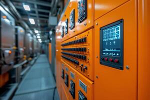 Orange electrical control panel displaying data in industrial setting photo