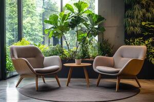 Modern armchairs and coffee table creating relaxing atmosphere in biophilic office design photo