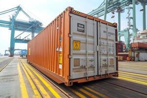 Cargo container sitting on rails at a busy port awaiting transport photo