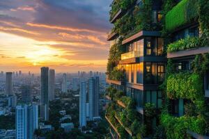 moderno verde edificio con balcones y lozano vegetación a puesta de sol en bangkok foto