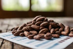 Cocoa beans piled on statistics report suggesting market analysis and trends photo