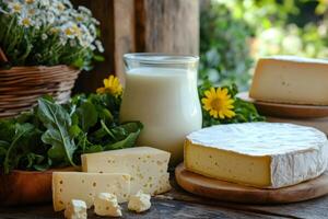 Various types of cheese, fresh milk and arugula displayed on rustic wooden table photo
