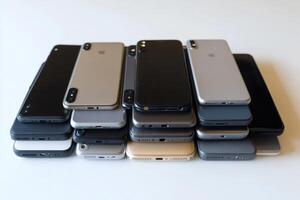 Stack of mobile phones forming a colorful pyramid on white background photo