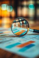 Magnifying glass examining financial charts and graphs for business analysis photo