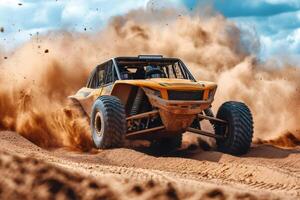 Buggy racing in desert making a lot of dust while drifting on sand dunes photo