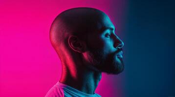 Bald man with beard posing in pink and blue neon light photo