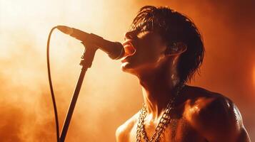 Singer performing live on stage with intense energy and passion photo