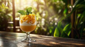 Delicious mango dessert with yogurt and mint in tropical garden photo