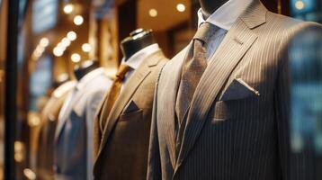 Elegant striped suits and ties displayed in a fashion boutique window photo