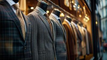 Mannequins wearing elegant suits and ties in a fashionable store window photo
