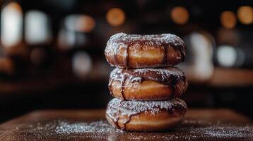Stack of delicious chocolate glazed donuts sprinkled with powdered sugar photo