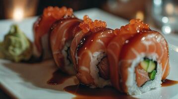 Salmon uramaki sushi rolls garnished with roe and teriyaki sauce photo