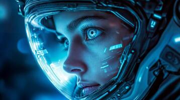 Astronaut wearing futuristic helmet explores space metaverse photo