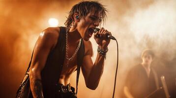 Singer performing live on stage during concert photo