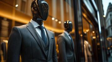 Mannequins wearing elegant suits in a fashion store window display photo