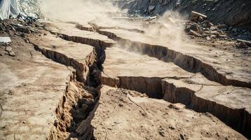 Deep ground cracks appearing after earthquake disaster photo