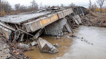 Destroyed bridge collapsing into river after natural disaster photo