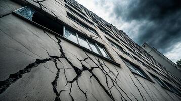Damaged building facade crumbling after earthquake under dark clouds photo