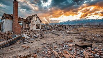 Destroyed house with dramatic sunset and mountain range photo