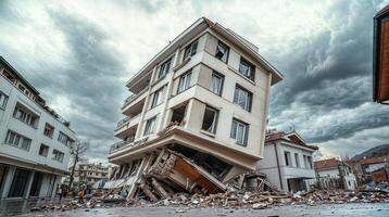 Collapsed building leaning dangerously after devastating earthquake in city photo