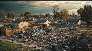 Aftermath of devastating tornado showing damaged houses and debris photo