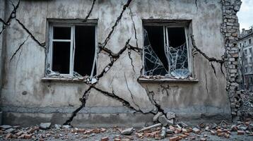Earthquake devastating building facade with broken windows and cracked wall photo