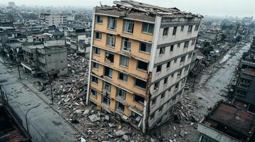 Destroyed building leaning after earthquake in urban area photo