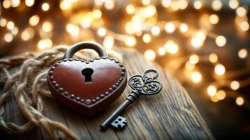 Heart shaped padlock and key symbolizing love and romance on rustic wood with sparkling bokeh lights photo