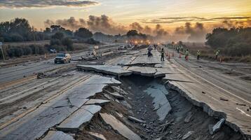 Highway destroyed by earthquake at sunset with rescue workers inspecting damage photo