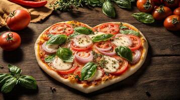 Heart shaped pizza with mozzarella, tomatoes, basil and onion on wooden table photo