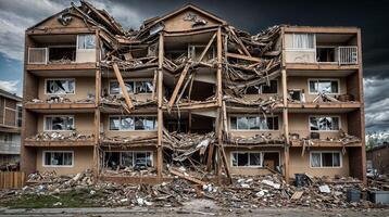 Destroyed building collapsing after natural disaster under dramatic sky photo