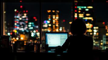 Businesswoman working late at night in office with city view photo