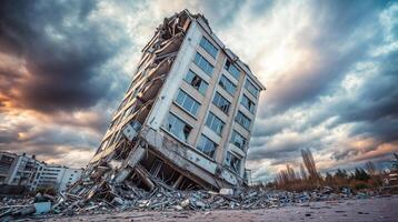 Destroyed building leaning after earthquake at sunset with dramatic sky photo