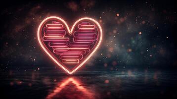 Glowing neon heart reflecting on wet asphalt at night photo
