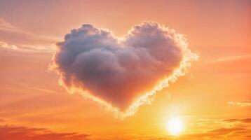Heart shaped cloud floating in romantic sunset sky photo