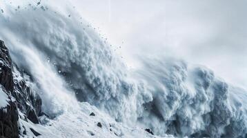Huge avalanche falling down snowy mountainside photo