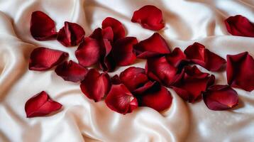 Red rose petals arranged on smooth luxurious champagne colored silk photo