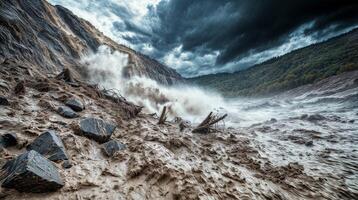 Devastating mudslide cascading down mountainside under stormy sky photo