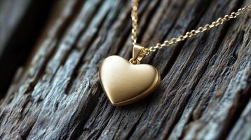 Golden heart shaped pendant hanging on rustic wooden background photo