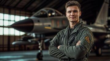Confident fighter pilot posing with arms crossed in hangar with fighter jet photo
