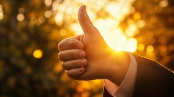 Businessman gesturing thumbs up sign at sunset photo