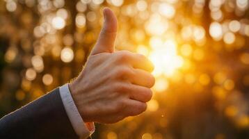 Businessman showing thumbs up sign at sunset photo