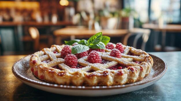 Delicious raspberry pie decorated with fresh raspberries and basil leaves on a table in a restaurant photo