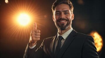 Smiling businessman showing thumbs up gesture under spotlight photo