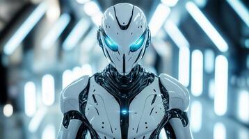 Futuristic robot standing in modern laboratory photo