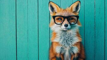 Smart fox wearing eyeglasses posing in front of turquoise wooden wall photo