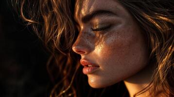 Model posing with freckles illuminated by golden hour sunlight photo